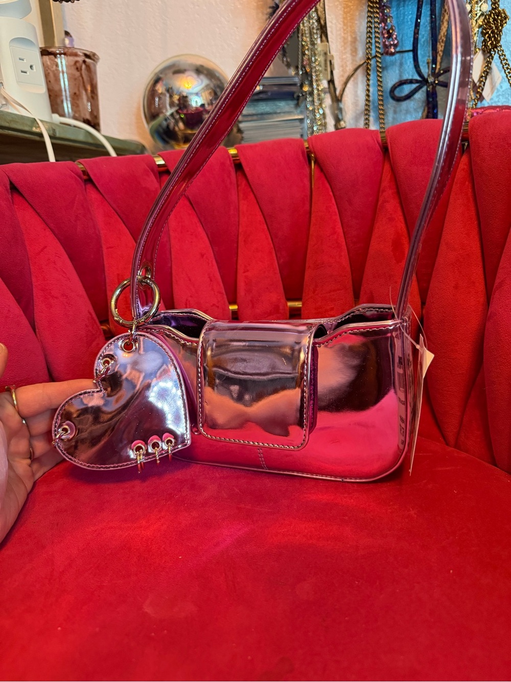 Metallic Pink Heart Charm Shoulder Bag